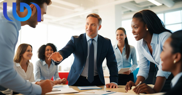 Manager debout désignant un collaborateur autour d’une table de travail en équipe