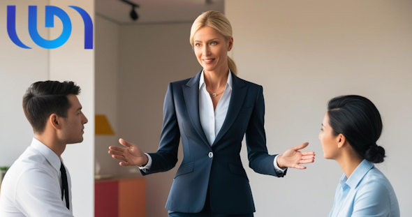 Femme en tailleur s’adressant calmement à deux collaborateurs assis face à face